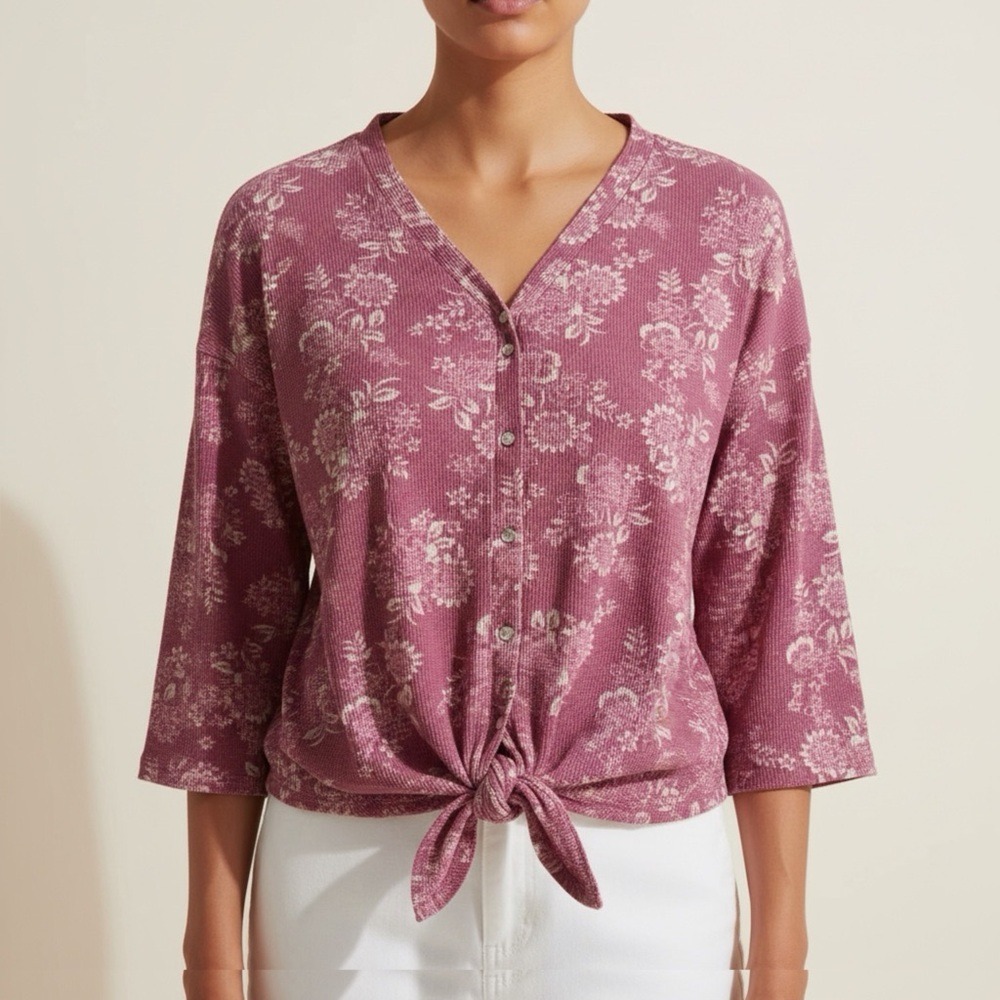 Bobeau XL Mauve Floral Waffle‎ Knit Top Button Front Tie Hem 3/4 Sleeve